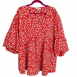 Andree By Unit Women's Red and White V Cut Puff Sleeve Blouse Top Size 2X